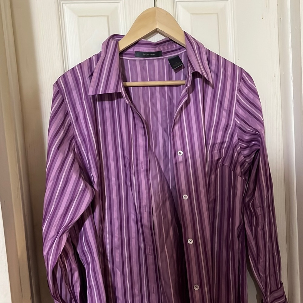 liz claiborne never worn button up top with purple stripes and unique sleeves!